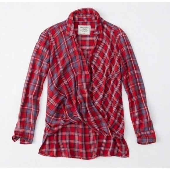 Abercrombie & Fitch Red Plaid Draped Wrap Button Front Shirt Blouse Women Sz M - Picture 5 of 7